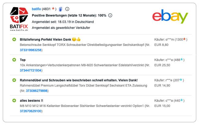 Bewertung ebay blitzlieferung rahmendübel und schrauben wie beschrieben